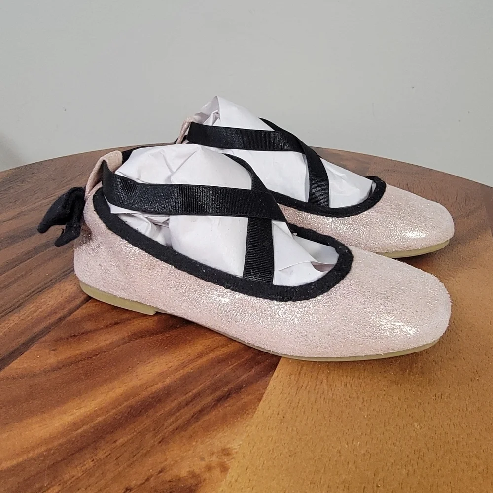 Cat & Jack Pink Shimmer Ballet Flats Girls Size 8 Criss Cross Top Back Bow